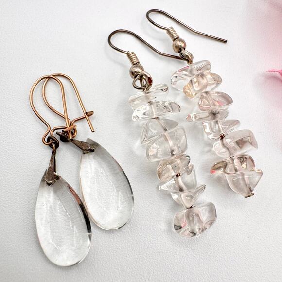 Clear Rock Crystal Quartz Teardrop and Chip Earring Lot Of Two Pair Gemstone - Picture 1 of 9
